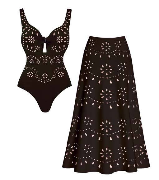 Plus Size Bowknot Hollow One Piece Swimsuit and Skirt